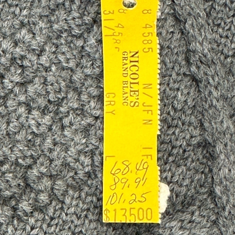 Vintage Gray 100% Pure New Wool Cable Knit Sweater L Fold Over Collar Preppy‎ - Picture 9 of 14